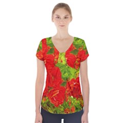 Red Roses Short Sleeve Front Detail Top by okhismakingart