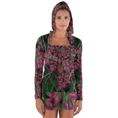 Pink-fringed Leaves Long Sleeve Hooded T-shirt by okhismakingart