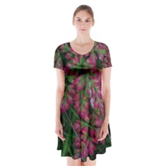 Pink-fringed Leaves Short Sleeve V-neck Flare Dress