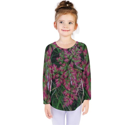 Pink-fringed Leaves Kids  Long Sleeve Tee by okhismakingart