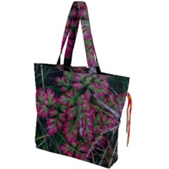 Pink-fringed Leaves Drawstring Tote Bag by okhismakingart