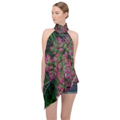 Pink-fringed Leaves Halter Asymmetric Satin Top by okhismakingart