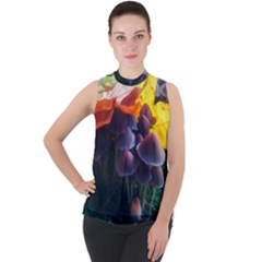 Mushrooms Mock Neck Chiffon Sleeveless Top by okhismakingart