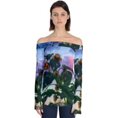 Sunflowers And Wild Weeds Off Shoulder Long Sleeve Top by okhismakingart