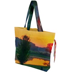 Lake Sunrise Drawstring Tote Bag by okhismakingart