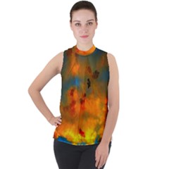 Tie-dye Sky Mock Neck Chiffon Sleeveless Top by okhismakingart