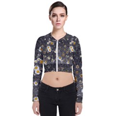 Black And White With Daisies Long Sleeve Zip Up Bomber Jacket by okhismakingart