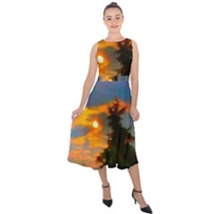 Sunrise And Fir Tree Midi Tie-back Chiffon Dress