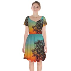 Turquoise Sunset Short Sleeve Bardot Dress by okhismakingart