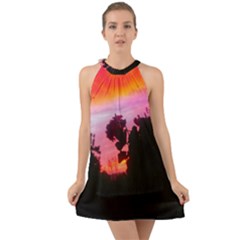 Sunset And Geraniums Halter Tie Back Chiffon Dress