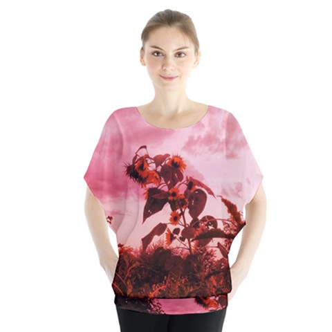 Red Sunflowers Batwing Chiffon Blouse by okhismakingart