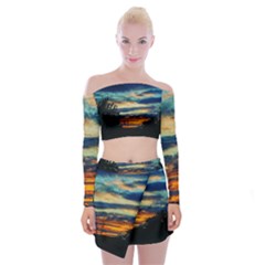 Blue Sunset Off Shoulder Top With Mini Skirt Set by okhismakingart