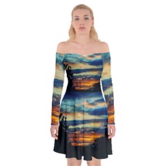 Blue Sunset Off Shoulder Skater Dress by okhismakingart