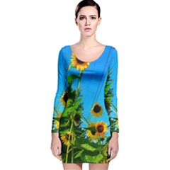 Bright Sunflowers Long Sleeve Velvet Bodycon Dress by okhismakingart