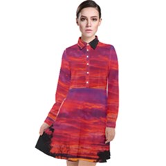 Warm Landscape Long Sleeve Chiffon Shirt Dress by okhismakingart