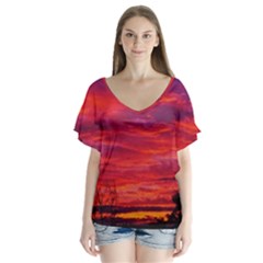 Warm Landscape V-neck Flutter Sleeve Top by okhismakingart