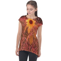 Red Tinted Sunflower Cap Sleeve High Low Top by okhismakingart