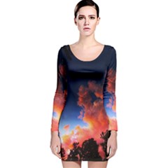 Deep Blue Sunset Long Sleeve Velvet Bodycon Dress by okhismakingart