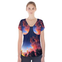 Deep Blue Sunset Short Sleeve Front Detail Top by okhismakingart