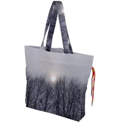 Foggy Forest Drawstring Tote Bag by okhismakingart