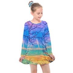 Pastel Plane Take-off Kids  Long Sleeve Dress by okhismakingart