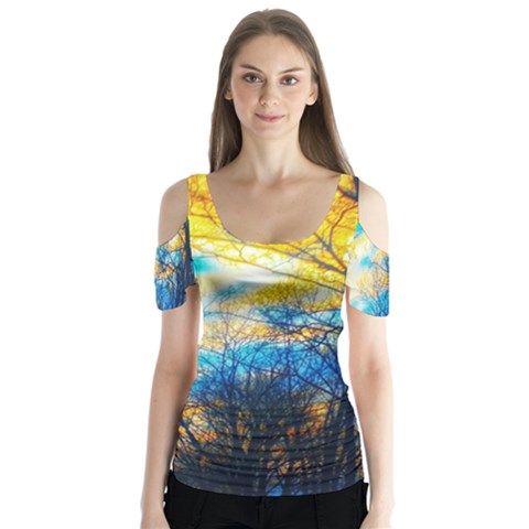 Yellow And Blue Forest Butterfly Sleeve Cutout Tee  by okhismakingart