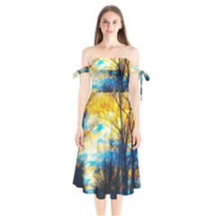 Yellow And Blue Forest Shoulder Tie Bardot Midi Dress by okhismakingart