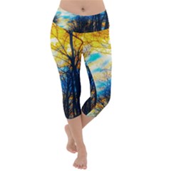 Yellow And Blue Forest Lightweight Velour Capri Yoga Leggings by okhismakingart