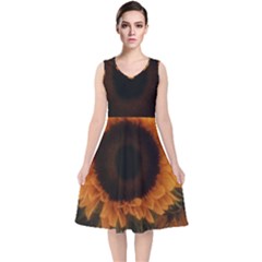 Single Sunflower V-neck Midi Sleeveless Dress 