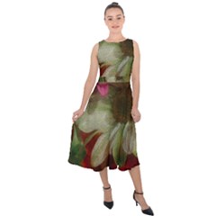 Grainy Green Flowers Midi Tie-back Chiffon Dress