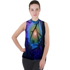 Rainbow Moon And Locust Tree Mock Neck Chiffon Sleeveless Top by okhismakingart