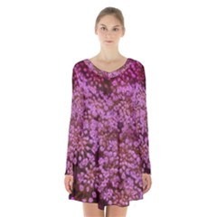 Pink Queen Anne s Lace Landscape Long Sleeve Velvet V-neck Dress