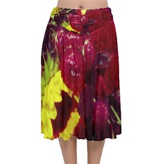 Sunflower And Cockscomb Velvet Flared Midi Skirt by okhismakingart