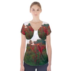 Red Weeds Short Sleeve Front Detail Top by okhismakingart