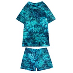 Blue-green Compound Flowers Kids  Swim Tee And Shorts Set by okhismakingart