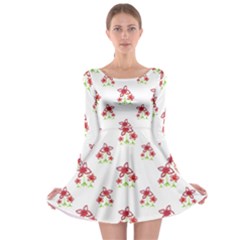 Cute Floral Drawing Motif Pattern Long Sleeve Skater Dress