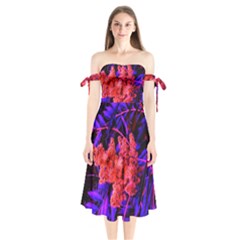 Red And Blue Sideways Sumac Shoulder Tie Bardot Midi Dress by okhismakingart