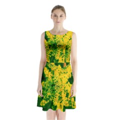 Yellow Sumac Bloom Sleeveless Waist Tie Chiffon Dress