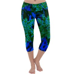 Blue And Green Sumac Bloom Capri Yoga Leggings by okhismakingart