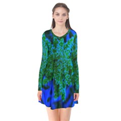 Blue And Green Sumac Bloom Long Sleeve V-neck Flare Dress by okhismakingart