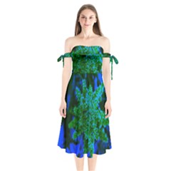 Blue And Green Sumac Bloom Shoulder Tie Bardot Midi Dress by okhismakingart