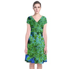 Lime Green Sumac Bloom Short Sleeve Front Wrap Dress by okhismakingart