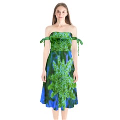 Lime Green Sumac Bloom Shoulder Tie Bardot Midi Dress by okhismakingart