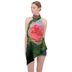 Complex Pink Rose Halter Asymmetric Satin Top by okhismakingart