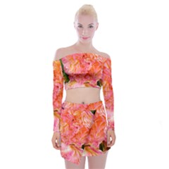 Folded Pink And Orange Rose Off Shoulder Top With Mini Skirt Set by okhismakingart