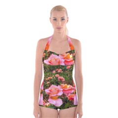 Pink Rose Field Boyleg Halter Swimsuit 