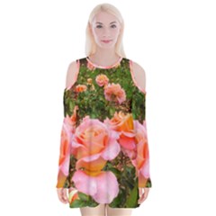 Pink Rose Field Velvet Long Sleeve Shoulder Cutout Dress by okhismakingart