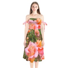 Pink Rose Field Shoulder Tie Bardot Midi Dress