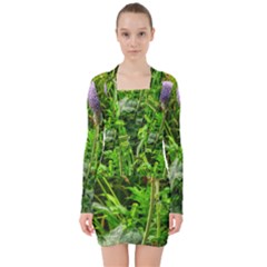 Purple Spherical Flower V-neck Bodycon Long Sleeve Dress