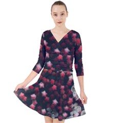 Floral Stars -dark Red Quarter Sleeve Front Wrap Dress